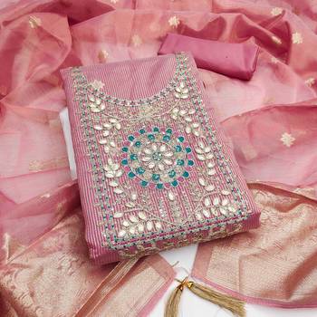 women's pink unstitched simmer dress material with woven dupatta 1