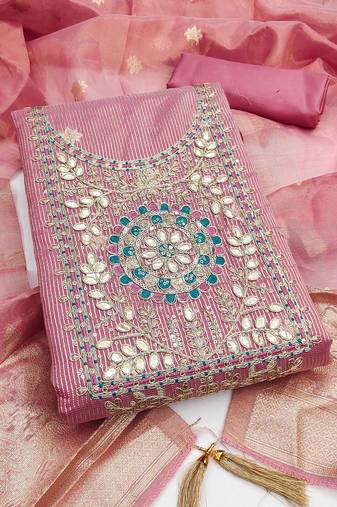 women's pink unstitched simmer dress material with woven dupatta