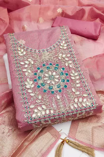 women's pink unstitched simmer dress material with woven dupatta