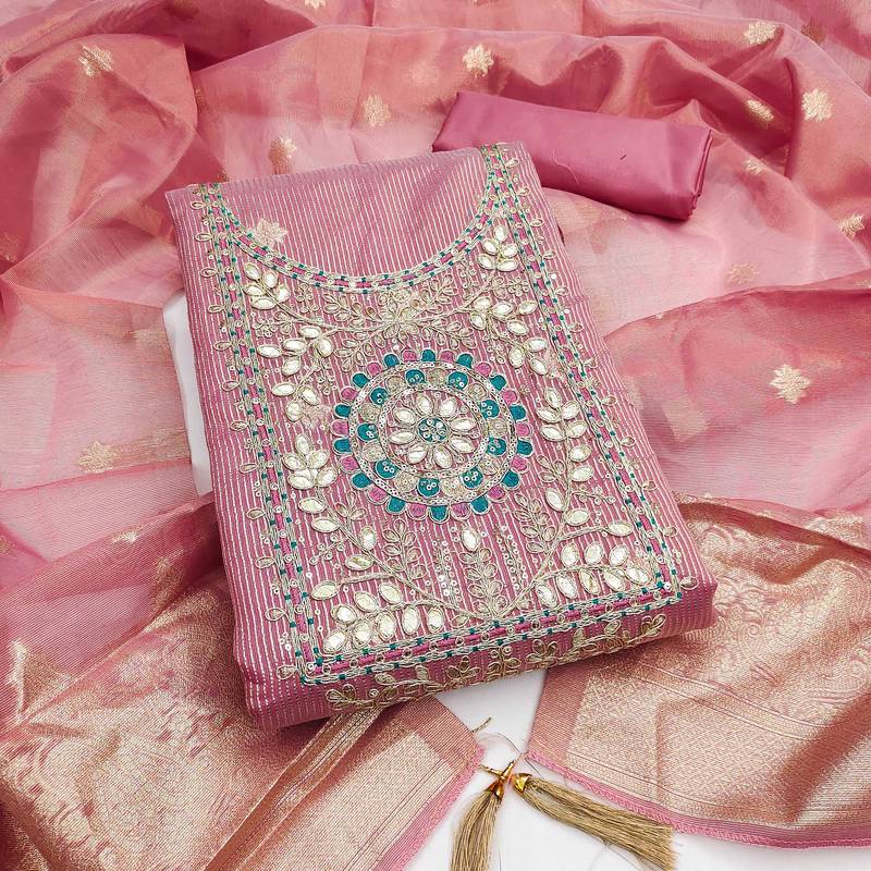 women's pink unstitched simmer dress material with woven dupatta