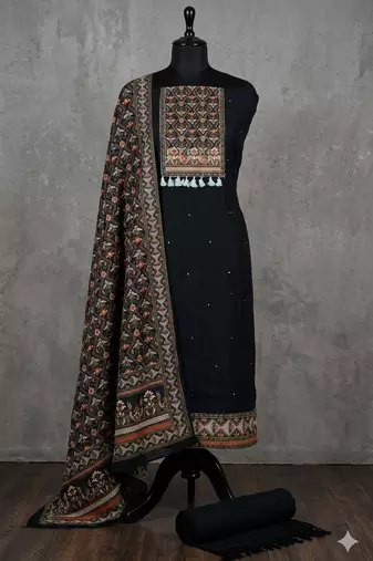 women's black unstitched reyon cotton dress material with printed dupatta