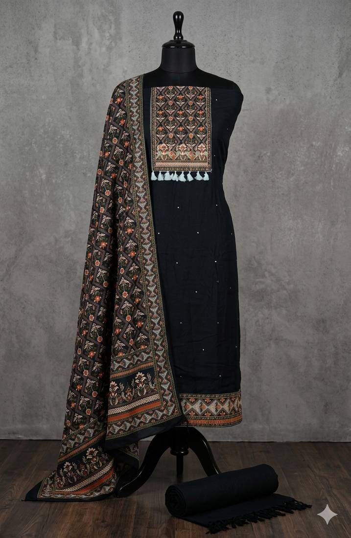 women's black unstitched reyon cotton dress material with printed dupatta