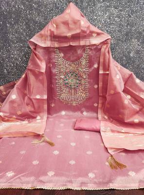 women's pink unstitched simmer dress material with woven dupatta 2