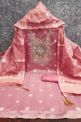 women's pink unstitched simmer dress material with woven dupatta