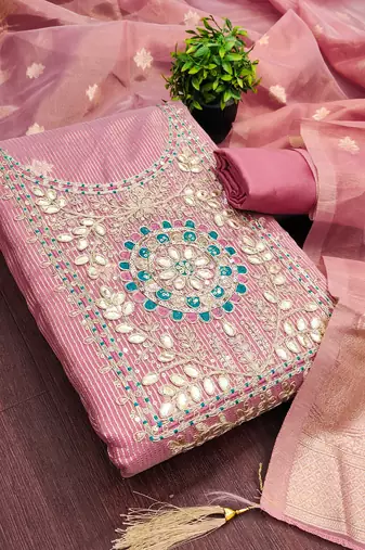women's pink unstitched simmer dress material with woven dupatta