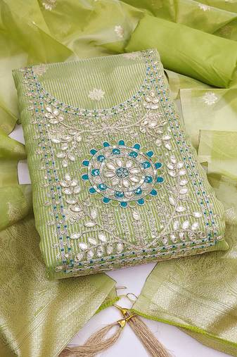 Women's Green Unstitched Shimmer Dress Material with Woven Dupatta