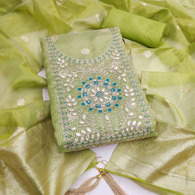 Women's Green Unstitched Shimmer Dress Material with Woven Dupatta
