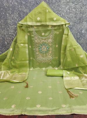 Women's Green Unstitched Shimmer Dress Material with Woven Dupatta 2