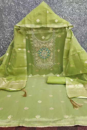 Women's Green Unstitched Shimmer Dress Material with Woven Dupatta