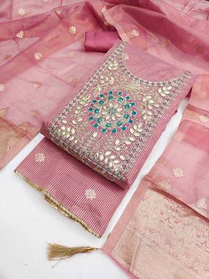 women's pink unstitched simmer dress material with woven dupatta 4