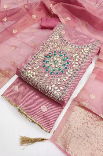 women's pink unstitched simmer dress material with woven dupatta