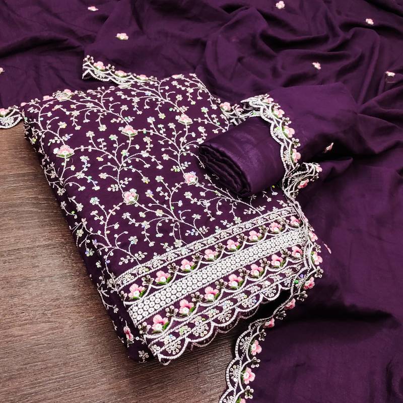 women's purple unstitched vichitra silk dress material with embroidered dupatta