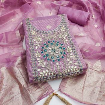 women's lavender unstitched simmer dress material with woven dupatta 1