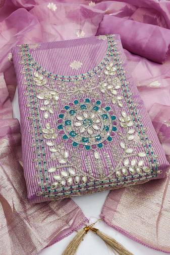 women's lavender unstitched simmer dress material with woven dupatta