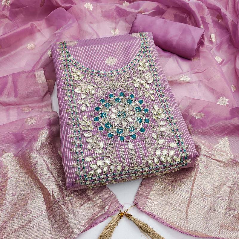 women's lavender unstitched simmer dress material with woven dupatta