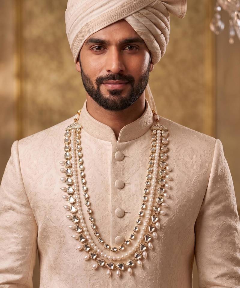 White kundan pearl necklace for men – royal groom jewellery