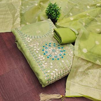 Women's Green Unstitched Shimmer Dress Material with Woven Dupatta 3