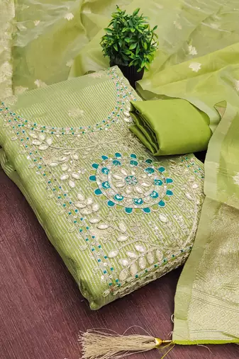 Women's Green Unstitched Shimmer Dress Material with Woven Dupatta