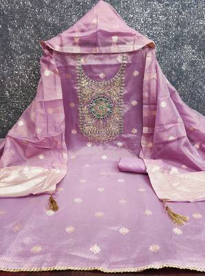women's lavender unstitched simmer dress material with woven dupatta 2