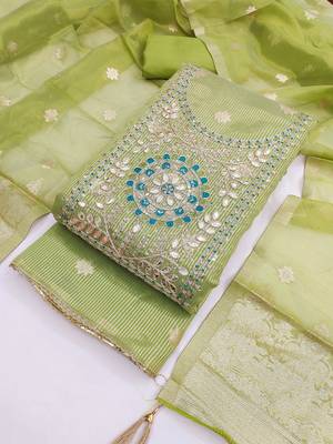 Women's Green Unstitched Shimmer Dress Material with Woven Dupatta 4