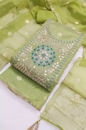 Women's Green Unstitched Shimmer Dress Material with Woven Dupatta