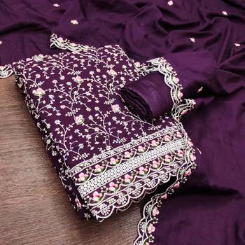 women's purple unstitched vichitra silk dress material with embroidered dupatta 4