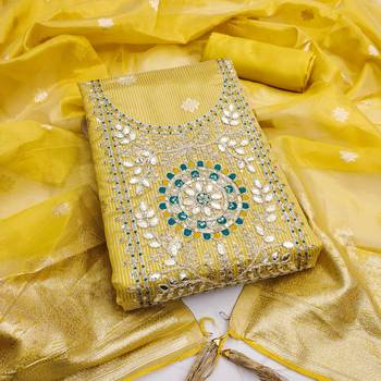 women's mustard unstitched simmer dress material with woven dupatta 1