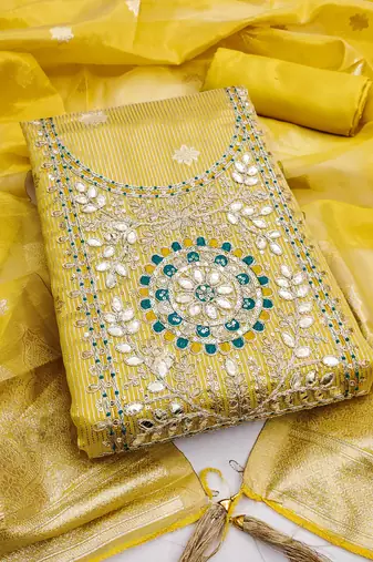 women's mustard unstitched simmer dress material with woven dupatta