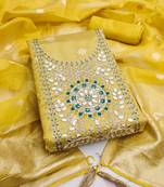 women's mustard unstitched simmer dress material with woven dupatta