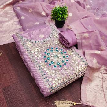 women's lavender unstitched simmer dress material with woven dupatta 3