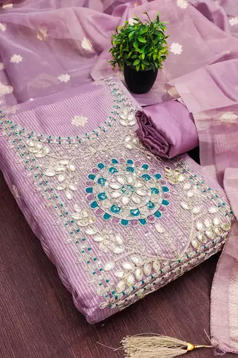 women's lavender unstitched simmer dress material with woven dupatta