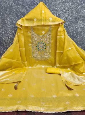 women's mustard unstitched simmer dress material with woven dupatta 2