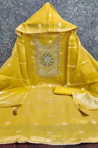 women's mustard unstitched simmer dress material with woven dupatta