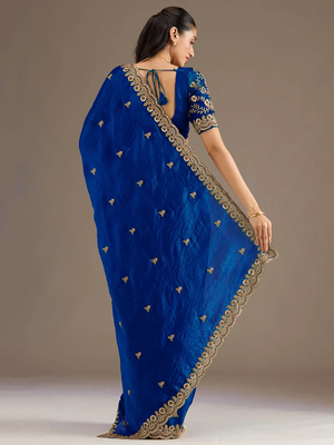 Glamourous royal blue tissue silk zari and sequins embroidered indian latest designer saree 5