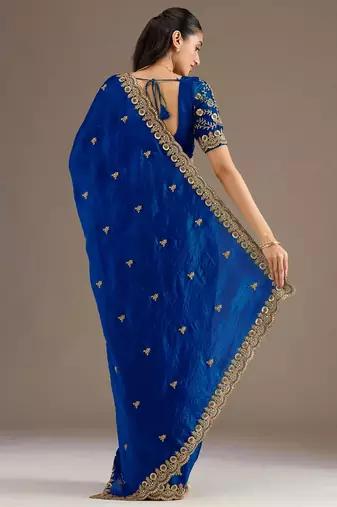 Glamourous royal blue tissue silk zari and sequins embroidered indian latest designer saree