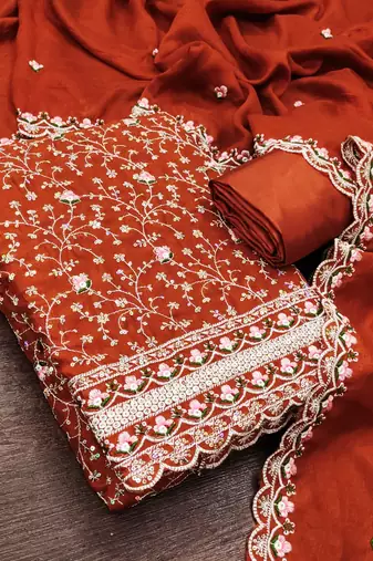 women's rust unstitched vichitra silk dress material with embroidered dupatta