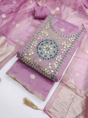 women's lavender unstitched simmer dress material with woven dupatta 4