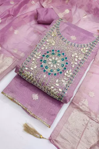 women's lavender unstitched simmer dress material with woven dupatta