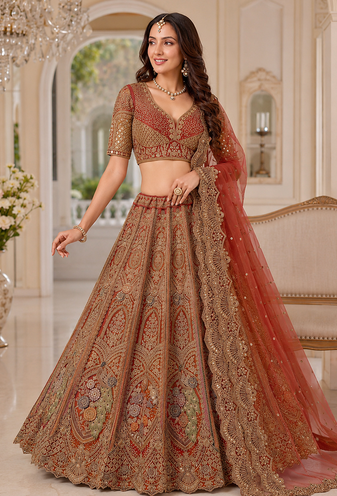orange color Multi Thread work Sequins and Zari Embroidery net Lehenga Choli set