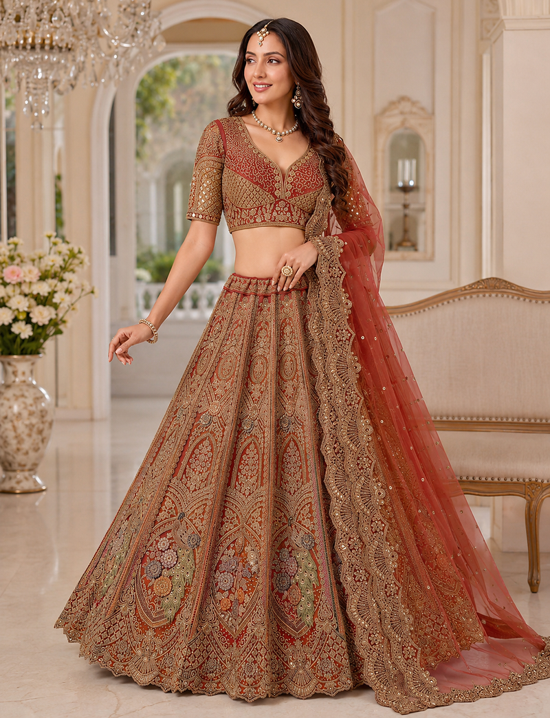 orange color Multi Thread work Sequins and Zari Embroidery net Lehenga Choli set