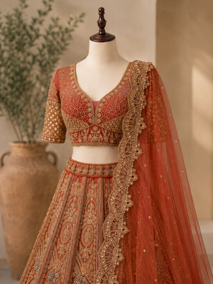 orange color Multi Thread work Sequins and Zari Embroidery net Lehenga Choli set 4