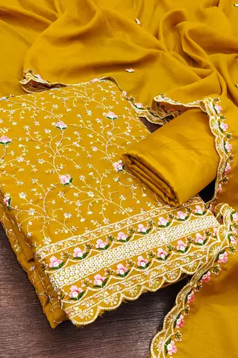 women's mustard unstitched vichitra silk dress material with embroidered dupatta