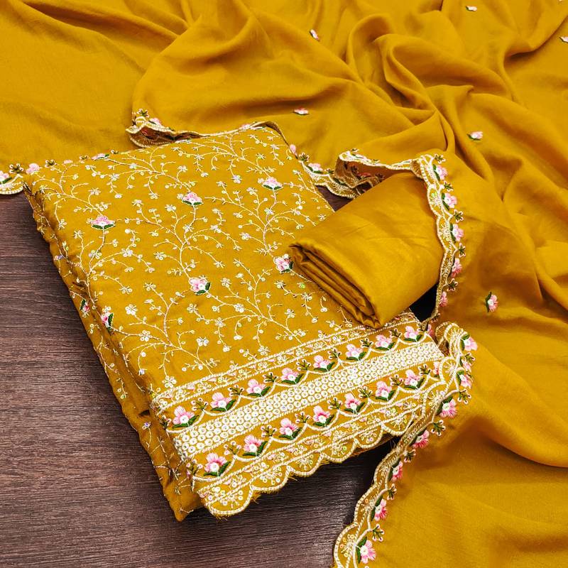 women's mustard unstitched vichitra silk dress material with embroidered dupatta