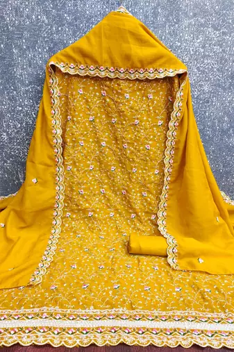 women's mustard unstitched vichitra silk dress material with embroidered dupatta