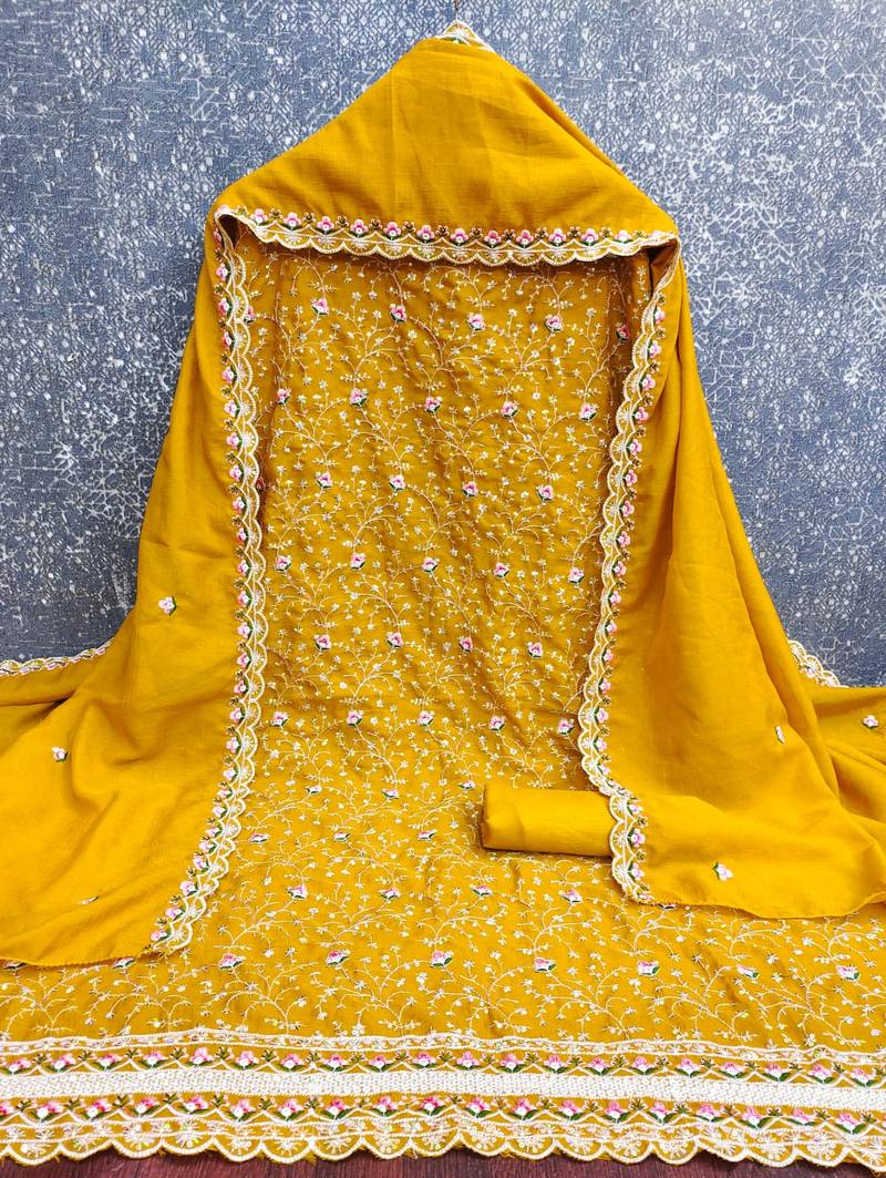 women's mustard unstitched vichitra silk dress material with embroidered dupatta