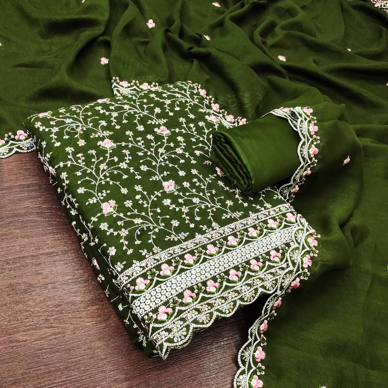 women's green unstitched vichitra silk dress material with embroidered dupatta