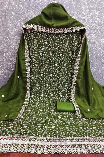 women's green unstitched vichitra silk dress material with embroidered dupatta