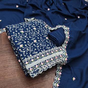 women's blue unstitched vichitra silk dress material with embroidered dupatta 3