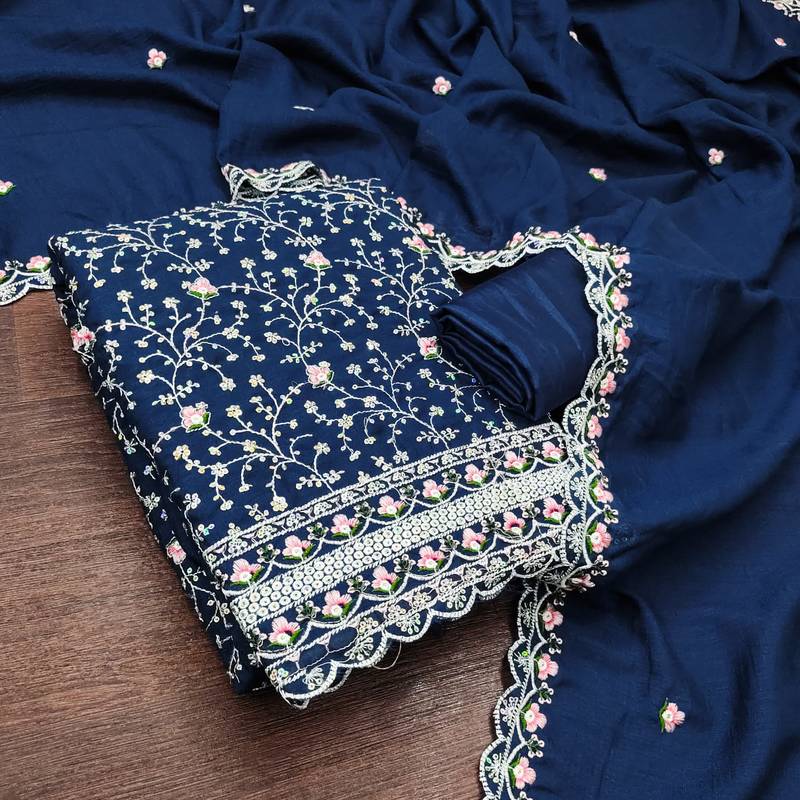 women's blue unstitched vichitra silk dress material with embroidered dupatta
