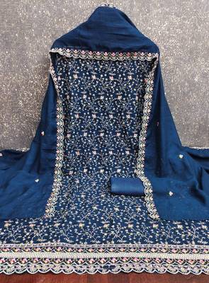 women's blue unstitched vichitra silk dress material with embroidered dupatta 4